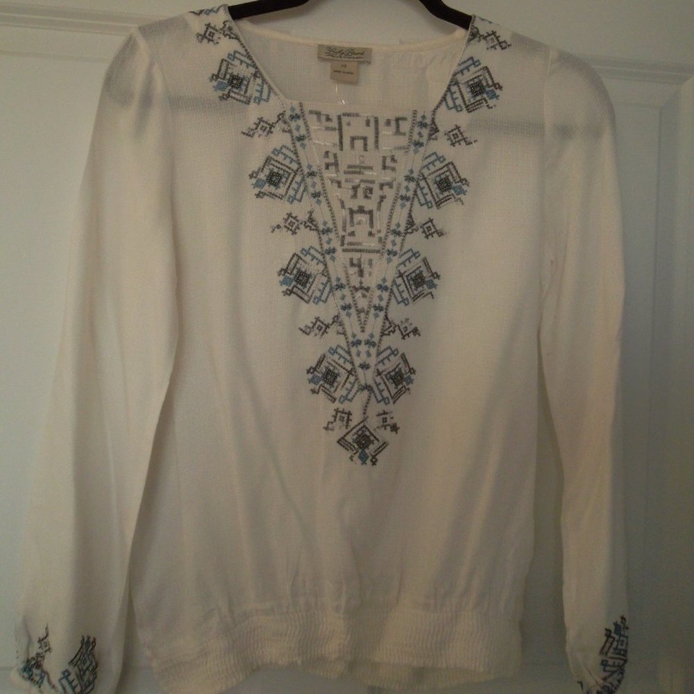 Lucky Brand Aztec Boho Embroidered Beaded Peasant Ivory Blouse - Picture 1 of 8